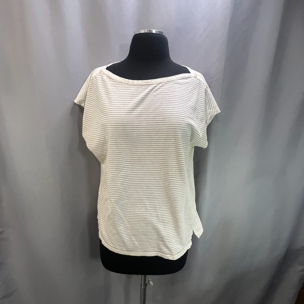 Liz Claiborne Blouse Top Womens Large Beige Striped Shoulder Button Cap Sleeve